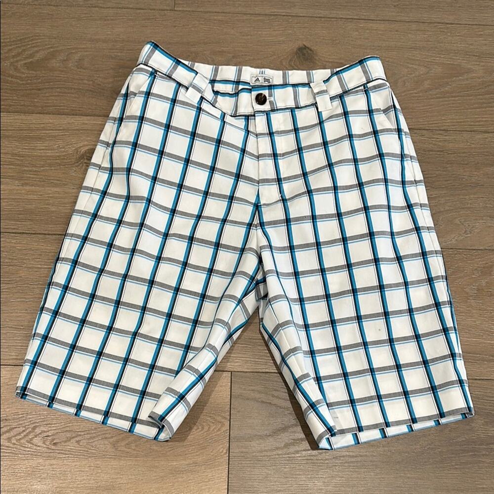 ADIDAS White Blue Black Plaid Golf Polyester Active Athletic Casual Shorts Sz 30